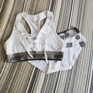 Aerie White Lace Up Logo Band Bra and Undie Set
